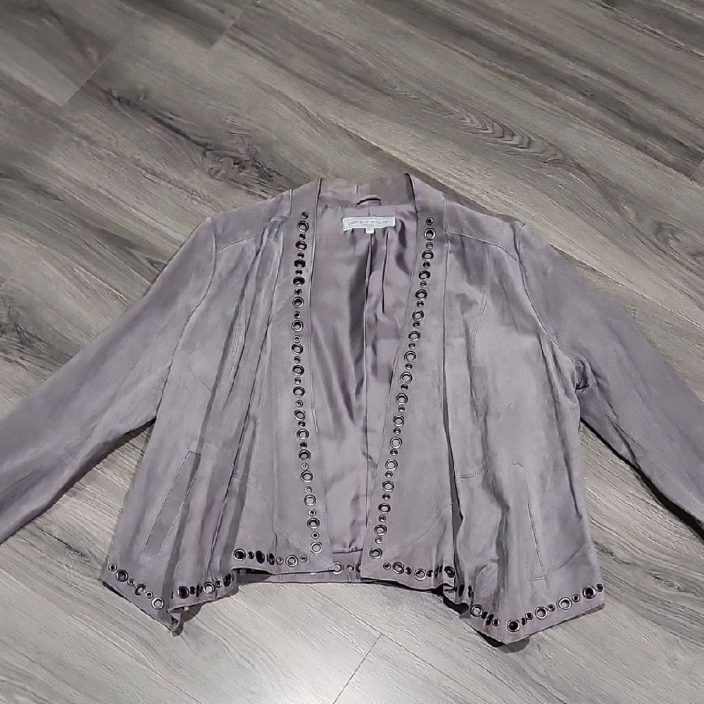 Pamela McCoy Gromett Gray Flowy Suede Leather Jacket
